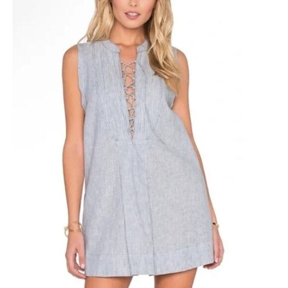 Free People Poppin Off Lace-Up Mini Dress Womens Small Chambray Striped Linen - Picture 1 of 10